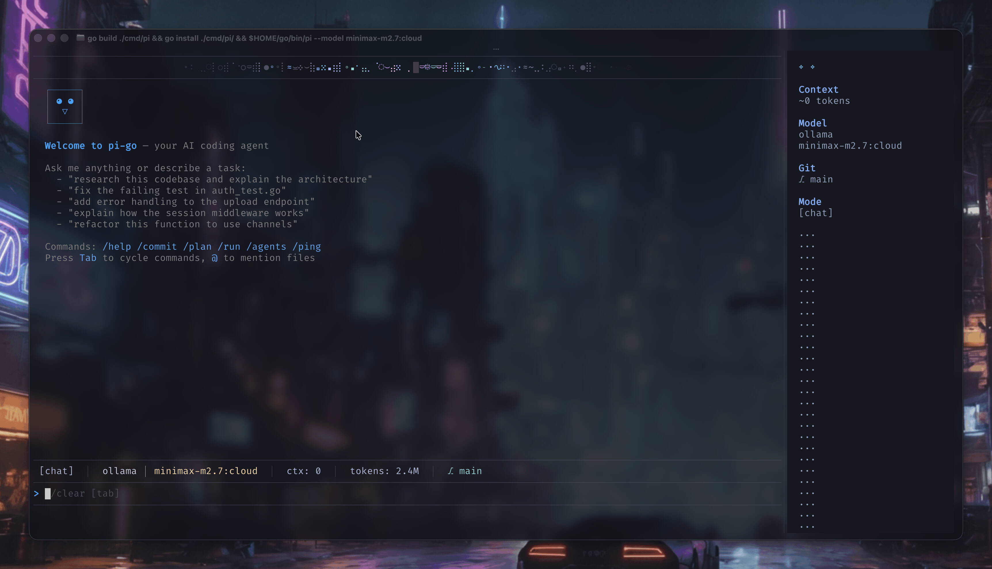 pi-go terminal UI — minimax-m2.7:cloud model with Ollama